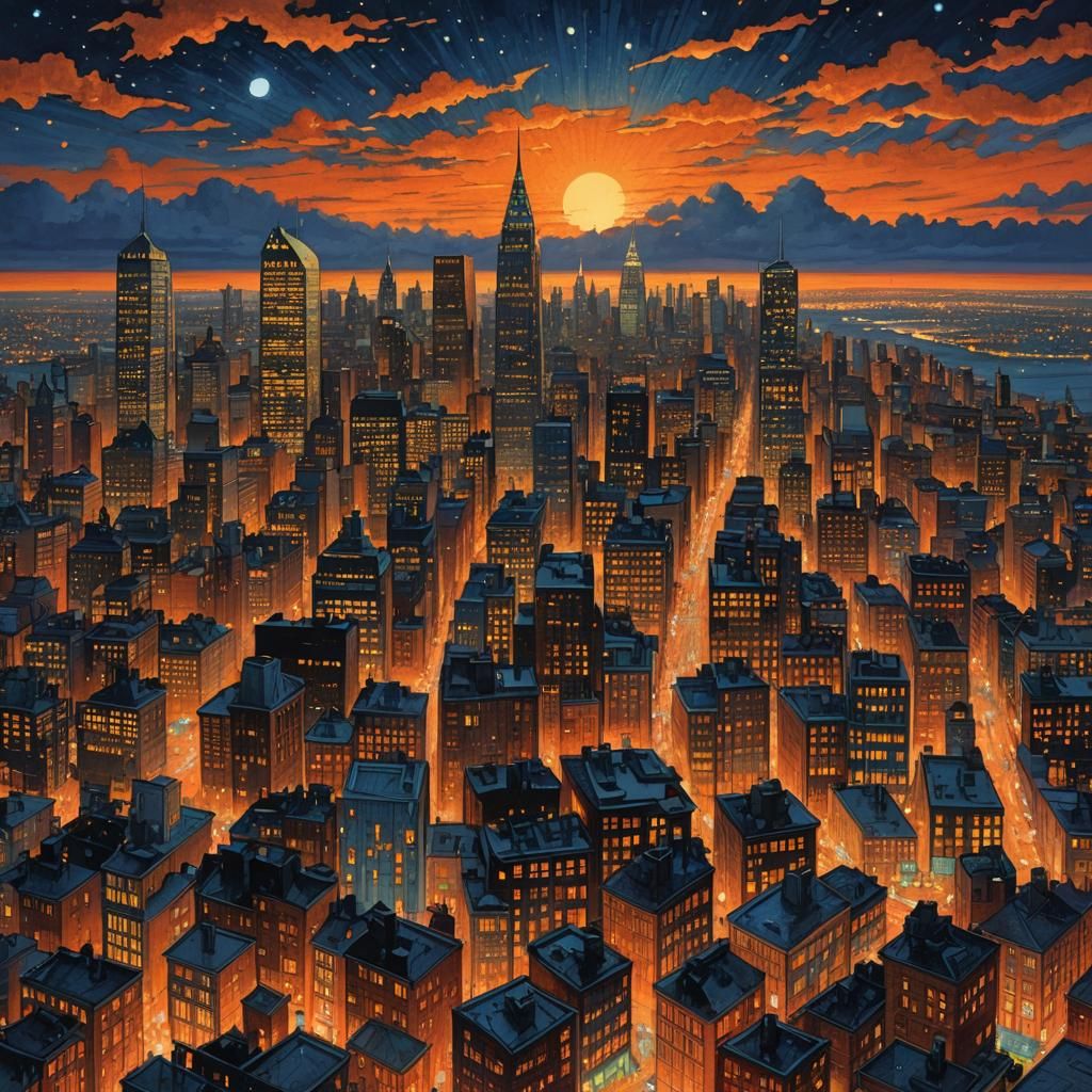 City Skyline Transition at Dawn in Visionary Style