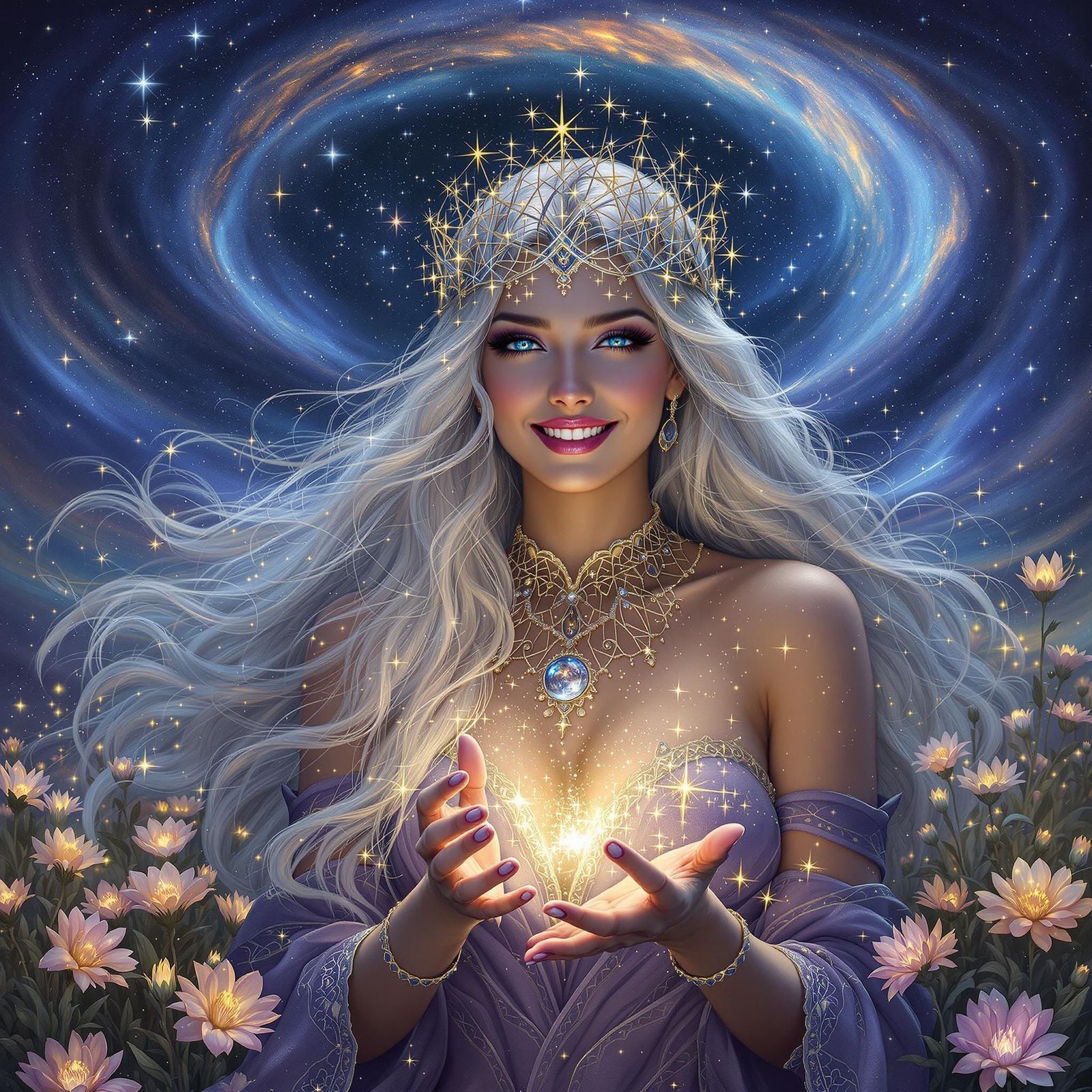 Enchantress Weaving a Spell Under Nebula Sky