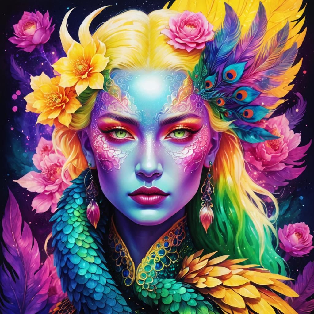 Cosmic Dragon Peacock Woman in Holographic Astral Style