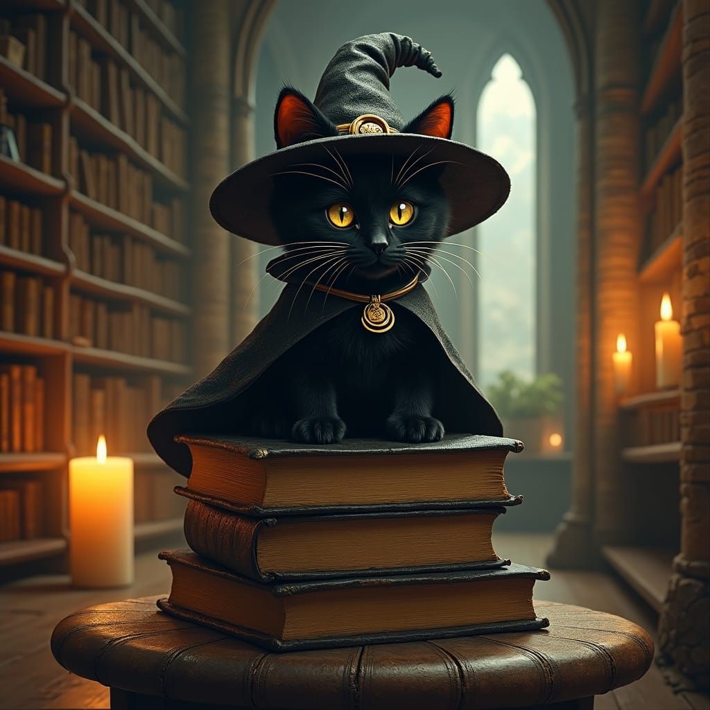 Kitten in Gothic Library, Art Nouveau Style