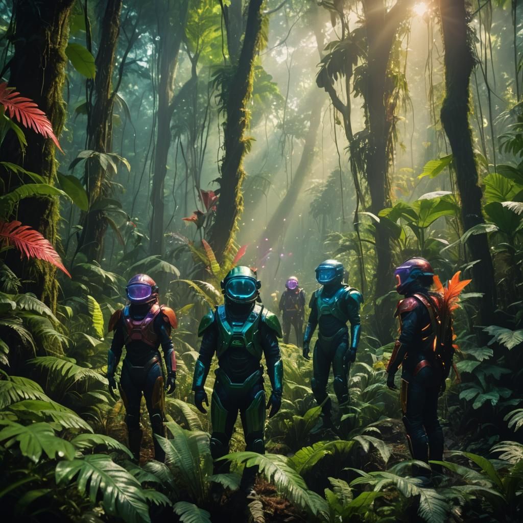 Glowing Rainforest with Indigenous People in Eco-Suits