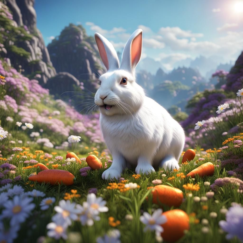 Delightful Rabbit Enjoys Gourmet Carrot on Mountain Lawn