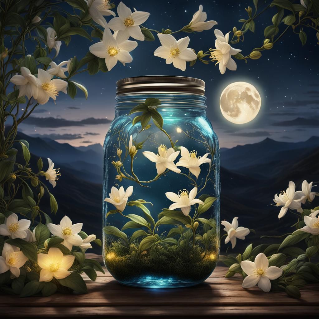 Moonlit Jasmine Landscape in Mason Jar