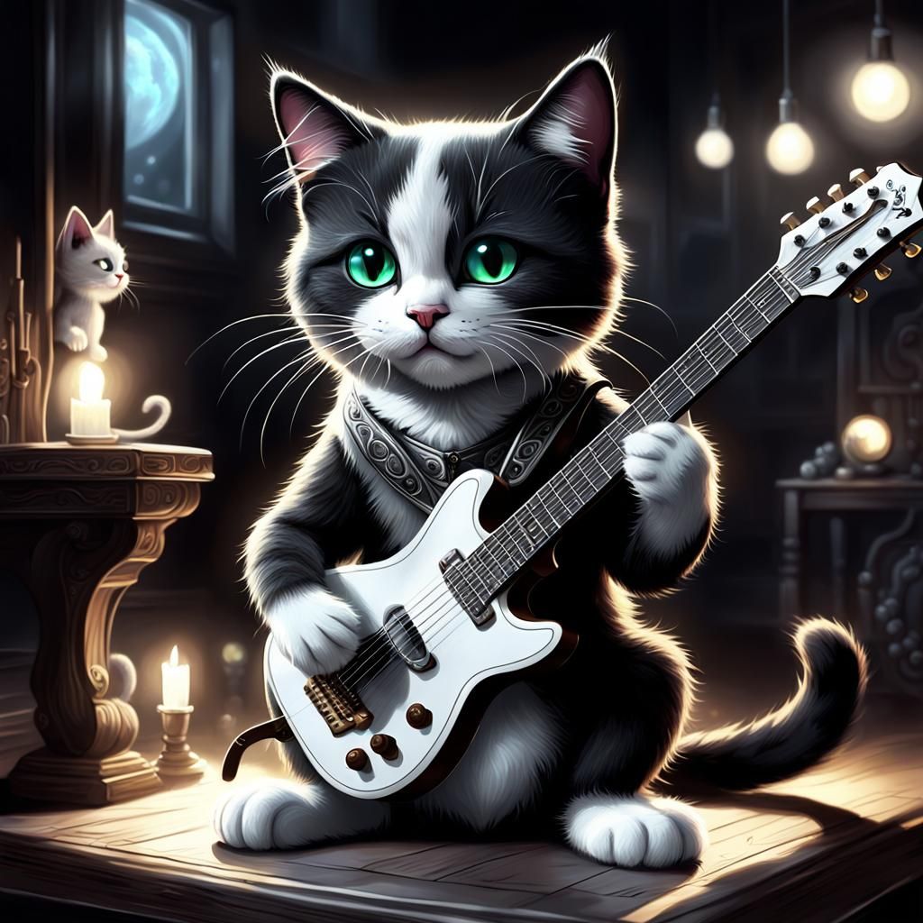 Cat Playing Guitar in Detailed Fantasy Art