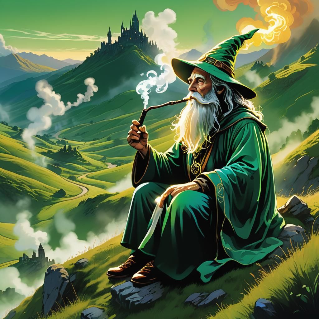 Wizard Smoking Pipe on Green Hills in Comic Art