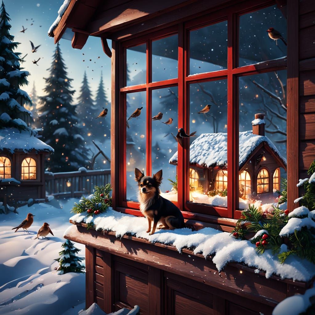 It is winter, there is light snow, a beautiful house with a large garden, in the garden there are fir trees and gooseber...