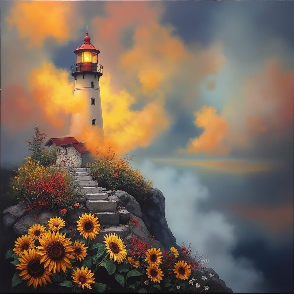 Sunlit Lighthouse Amidst Vibrant Misty Bloom