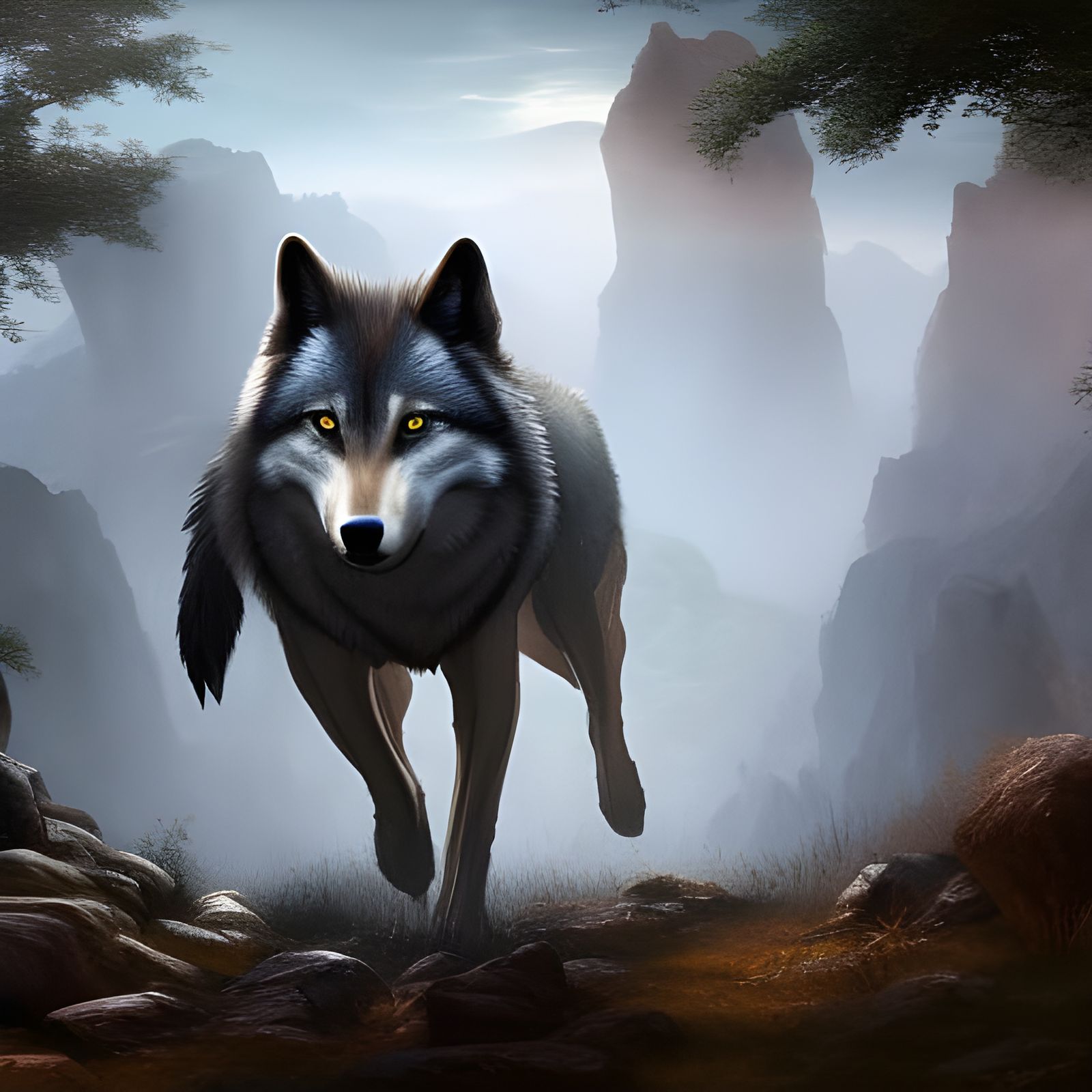 Hyperrealistic Wolf in a Detailed Rocky Landscape