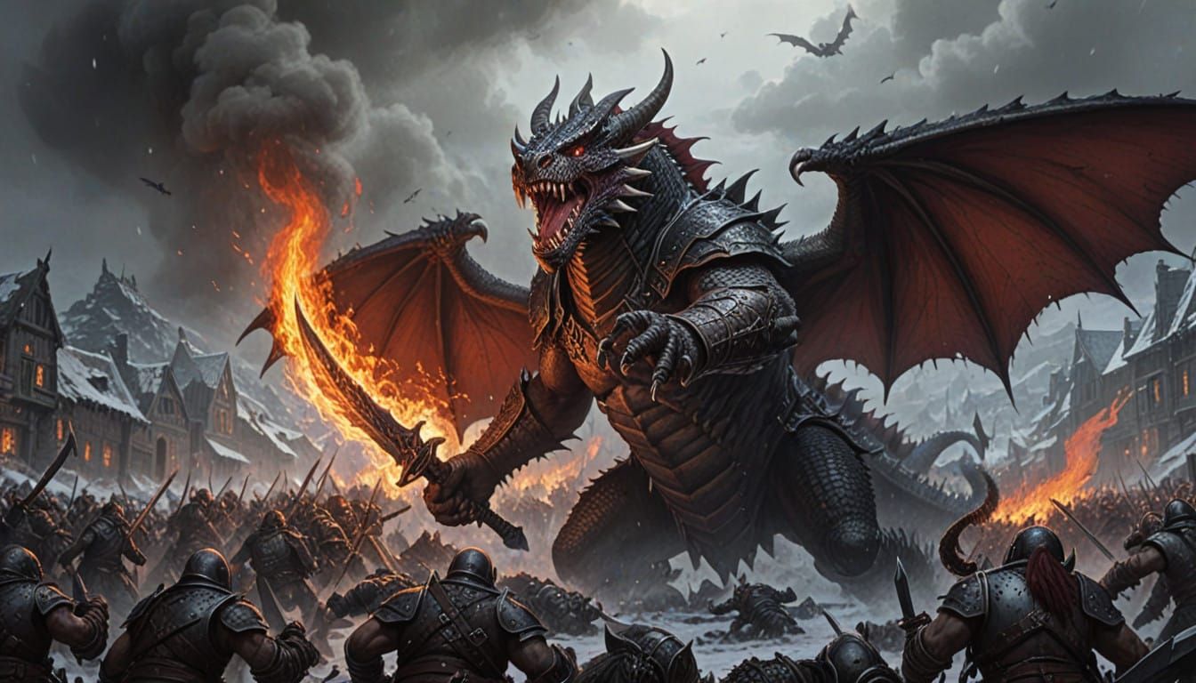 Colossal Dragon Battles Horde of Orcs in Snowy Ruins