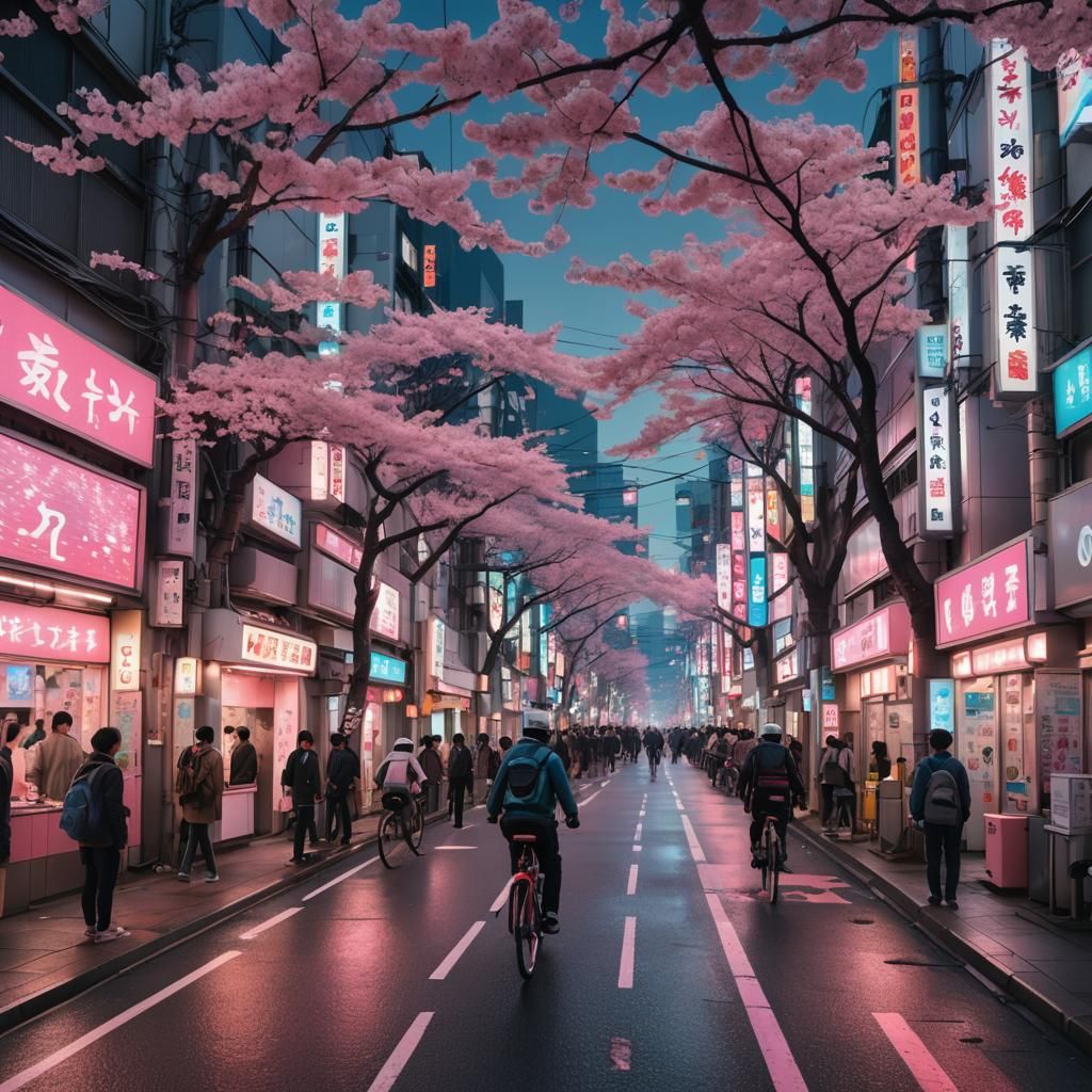 Futuristic Tokyo Street at Dawn in Cyberpunk Style