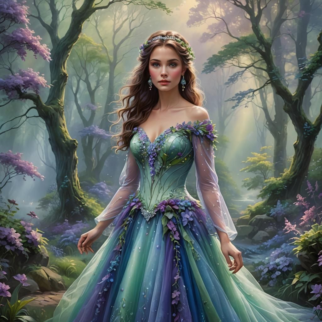 Woman in Colorful Wedding Dress, Ethereal Fantasy Art