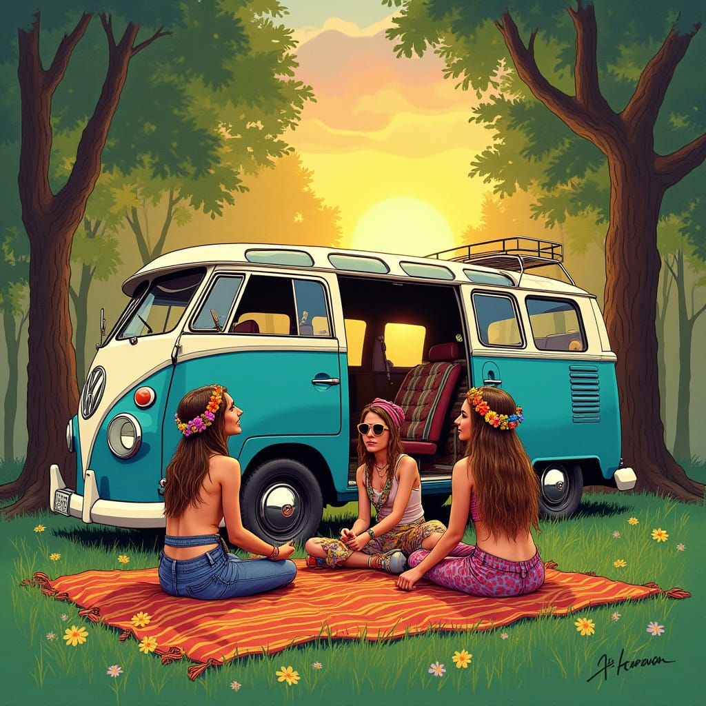 Vibrant Hippies in a Psychedelic Volkswagen Paradise