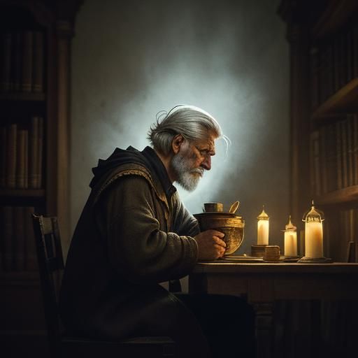 Contemplative Old Man in Dark Academia Library