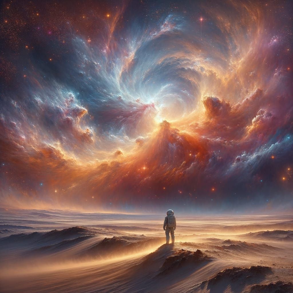 Astronaut Contemplates Nebula in Romantic Digital Art