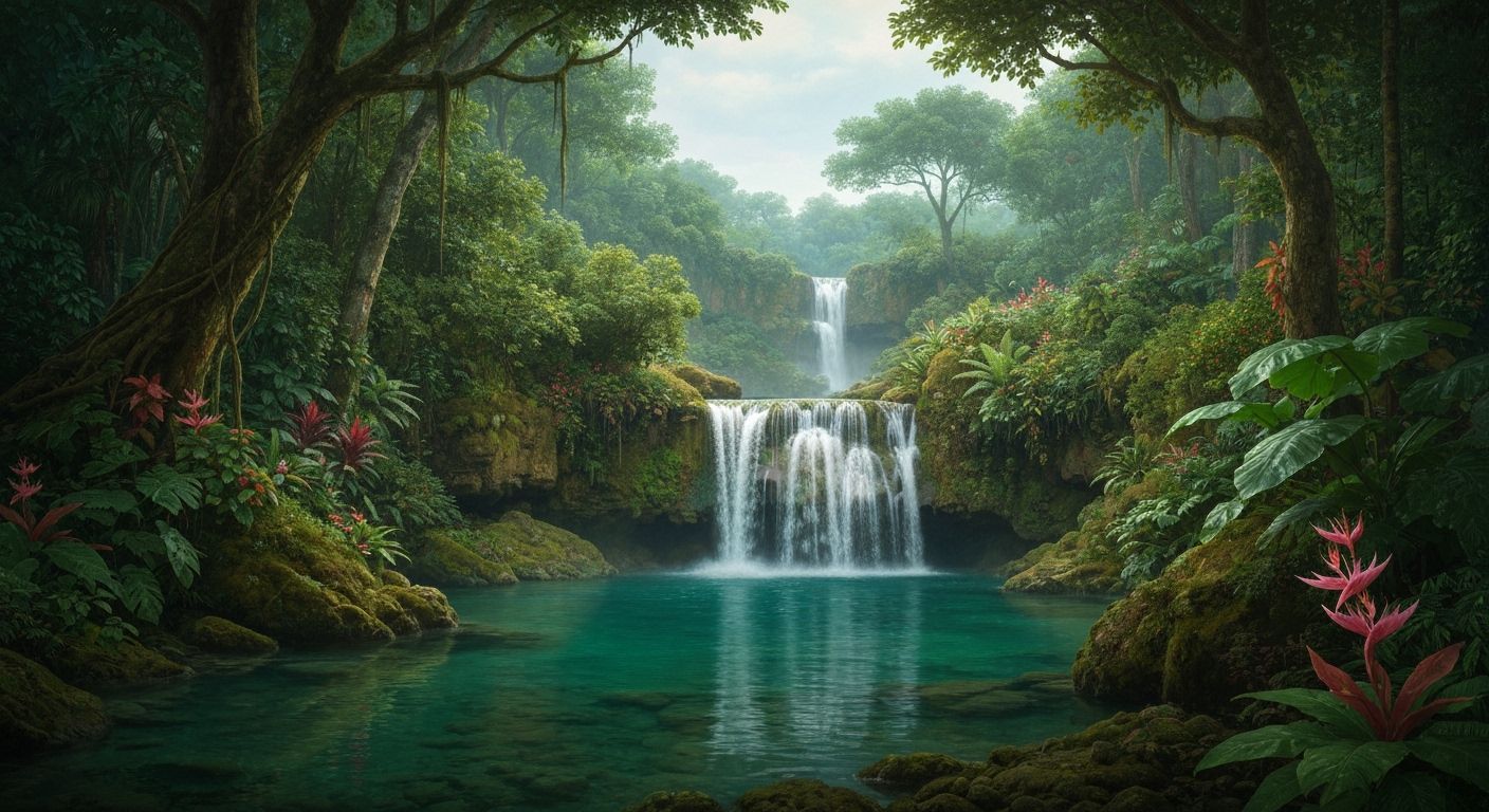 Secluded Jungle Waterfall in a Realistic Landscape Painting