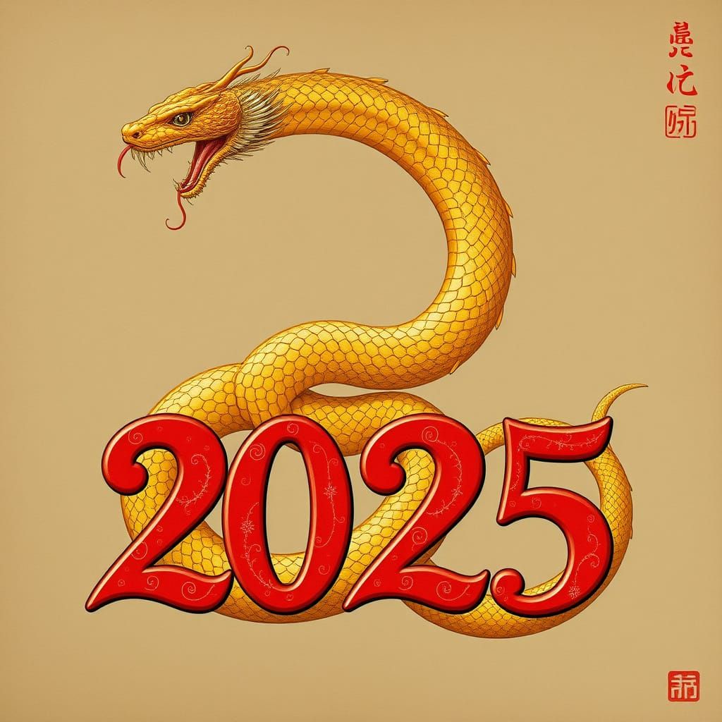 a golden snake wrapped around '2025' in red Asian style, Junji Ito, Nihonga