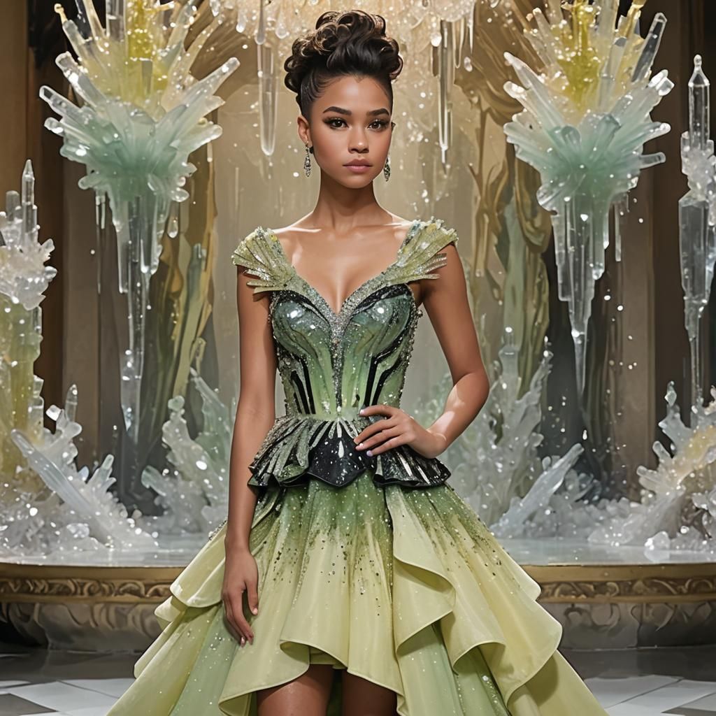 Crystal Dress in Ballroom, Hyperrealistic Image