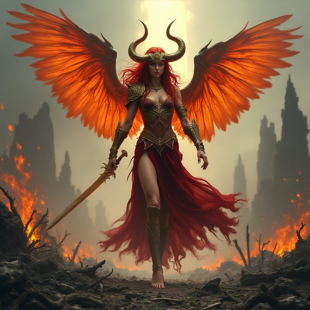 Mythic Female Warrior in a Desolate Battlefield