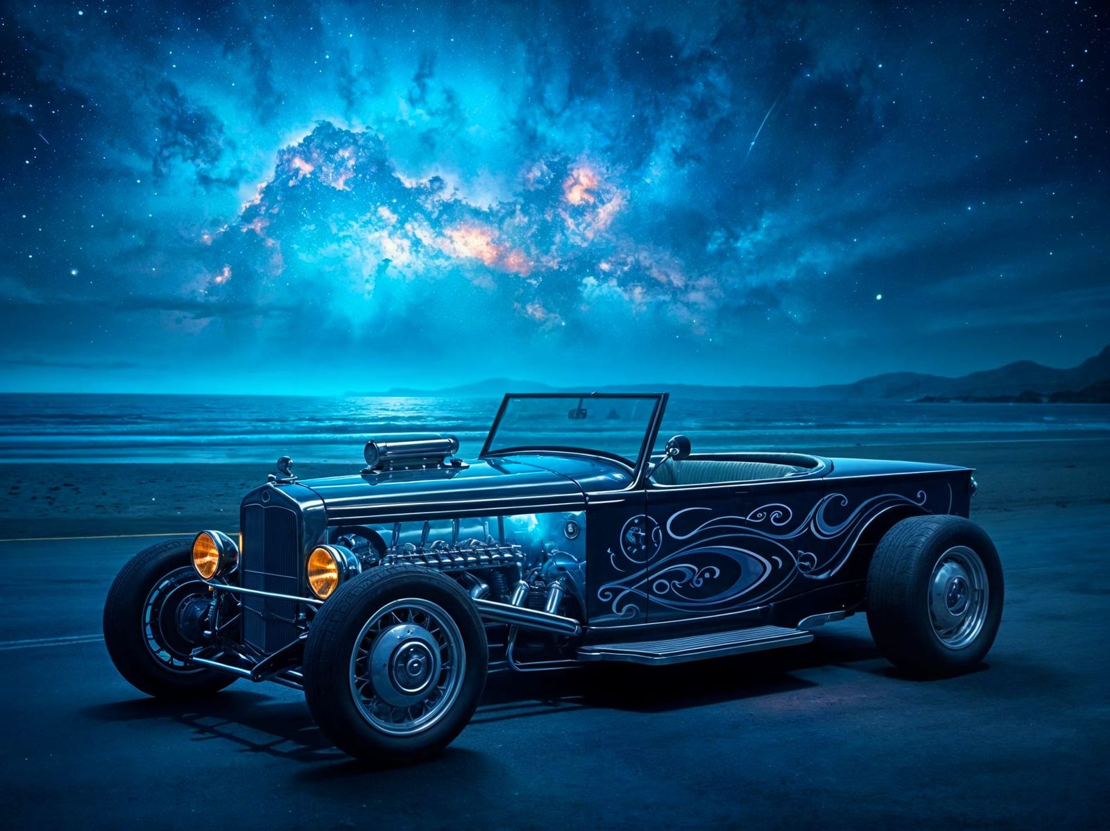 Cosmic Roadster Under Starry Night Sky