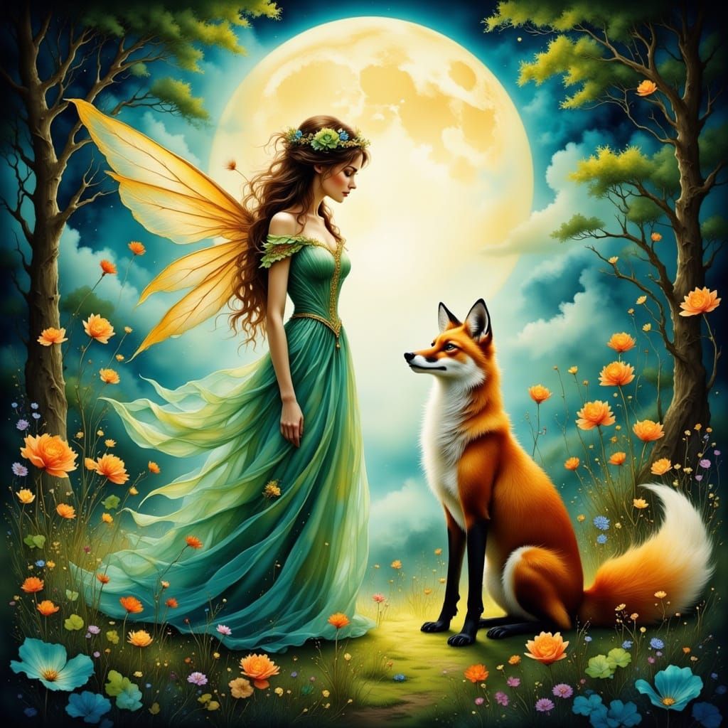 Fairy and Fox in Moonlit Forest, Digital Art