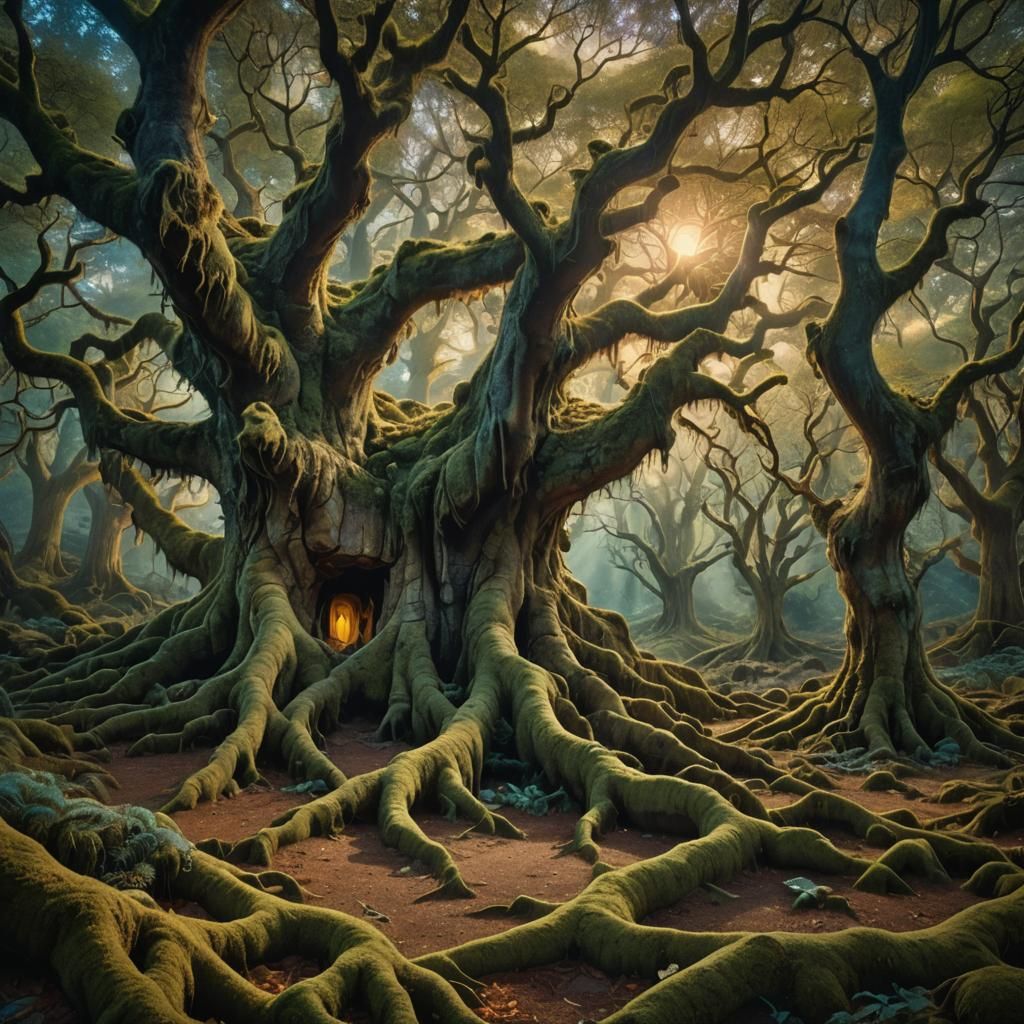 Mystical Forest with Glowing Eyes in Ethereal Style