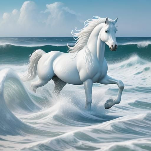 Photorealistic Foaming Water Horses Emerging from Waves