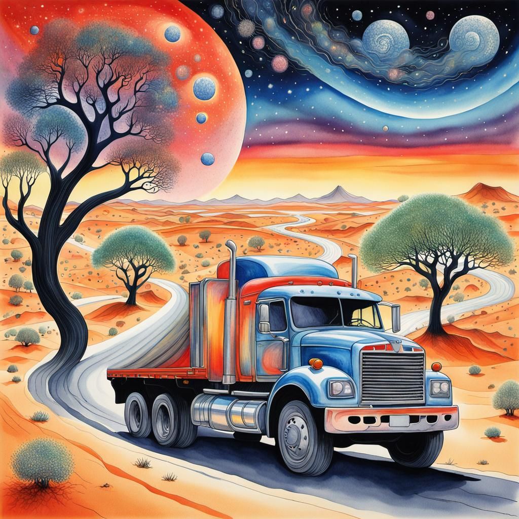 Desert Truck with Magical Trees in Watercolor Style