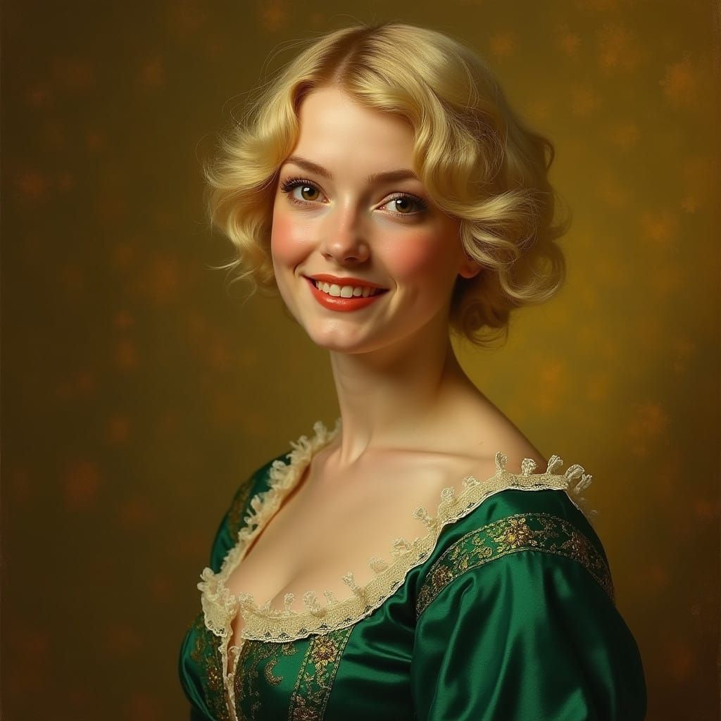 Regency-Era Woman in Emerald Gown, Whispering Secrets