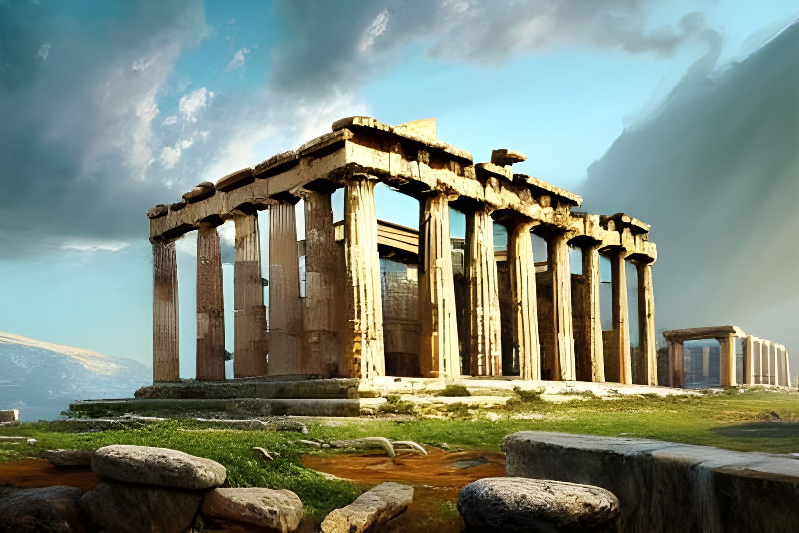 Greek Temple Ruins in Colorful Oil Painting