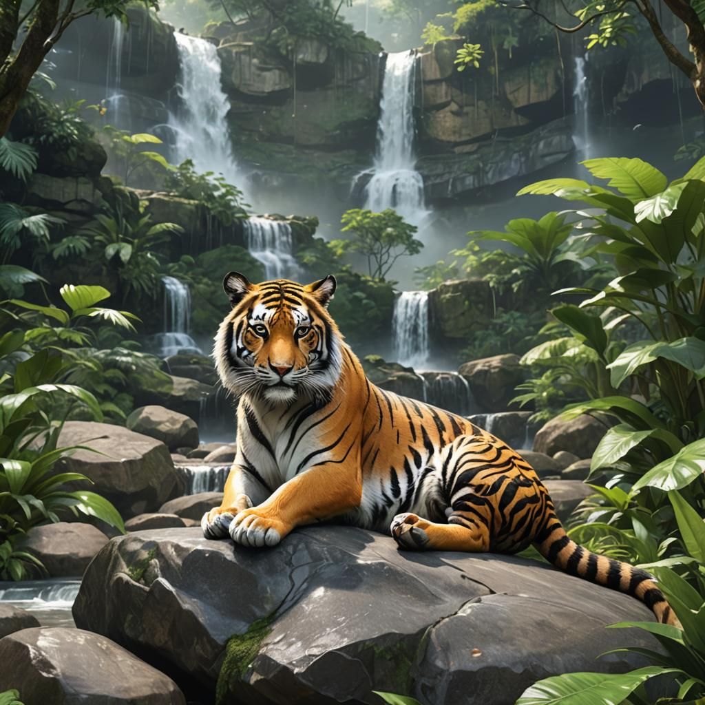 beautiful Rainforest Tiger sitting by a waterfall