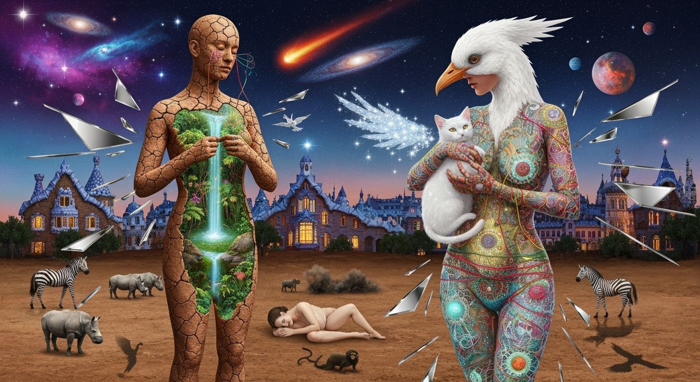 Ethereal Being with Bioluminescent Oasis Skin in Cosmic City...