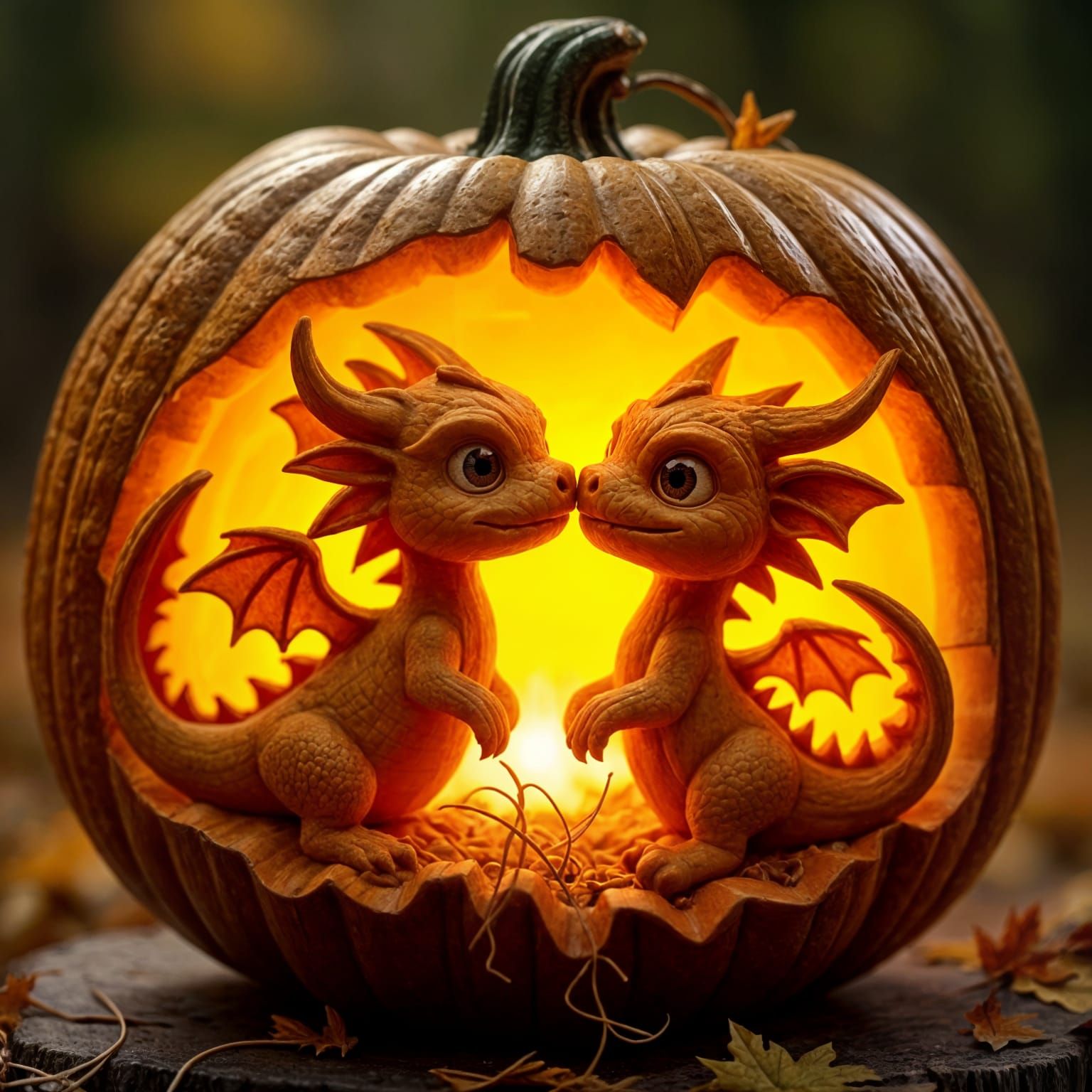 Baby Dragons Carved in Pumpkin, Photorealistic Digital Art