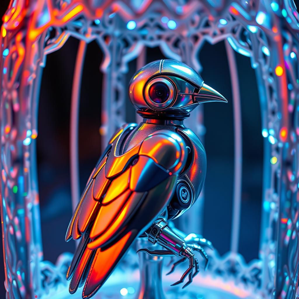 Robot Bird in Crystal Cage, Manga-Inspired Art