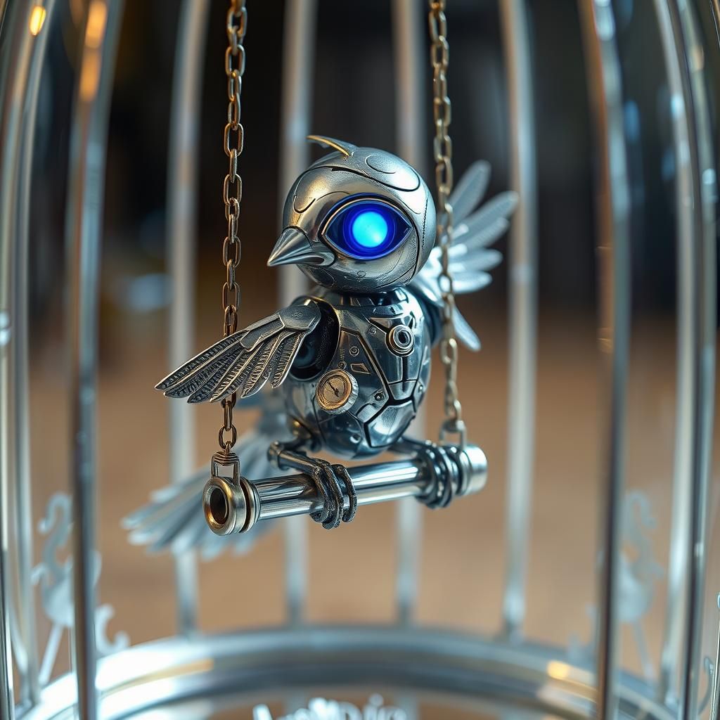 Robot Bird in Crystal Cage: Futuristic Art Deco