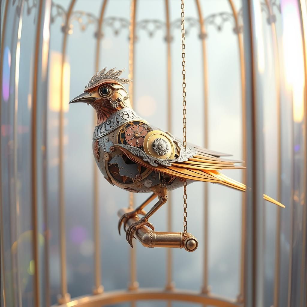 Mechanical Bird in Crystal Cage, Dreamscape Style