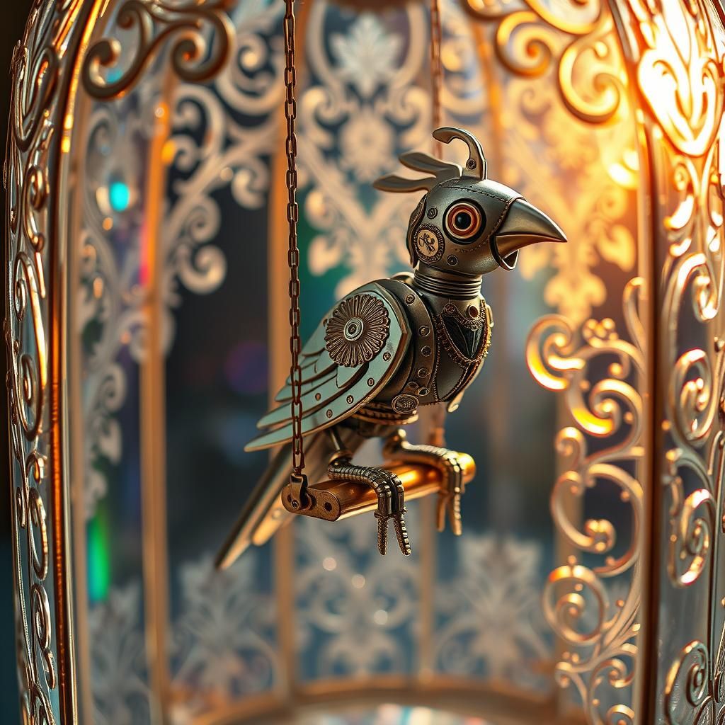 Robot Bird in Crystal Cage, Whimsical Futurism