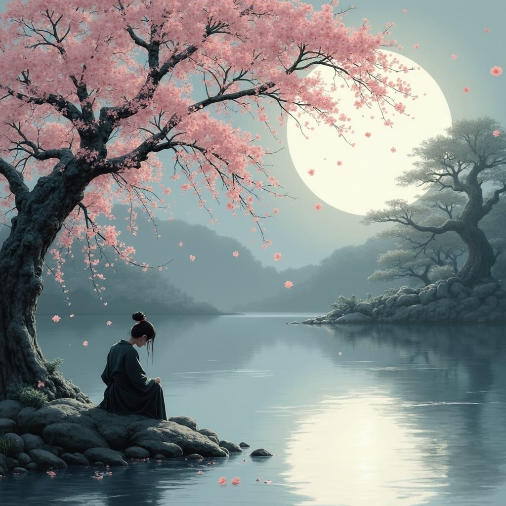 Moonlit Japanese Garden in Sumi-e Style