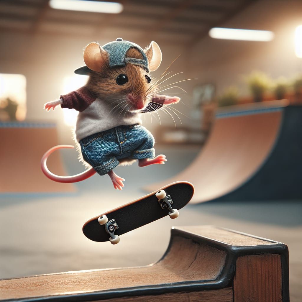 Mouse Skateboarder Mid-Kickflip in Skate Park