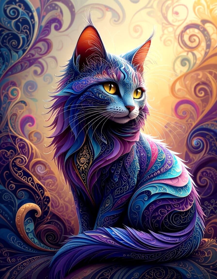 Elegant Cat with Mandelbrot Patterns in 3D Art