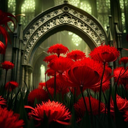 Gothic Lycoris Radiata Blooms in Haunting Cemetery Scene