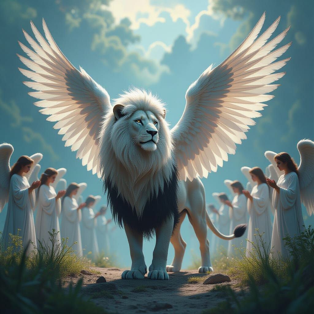 Spectral Lion with Angelic Wings in Ethereal Style