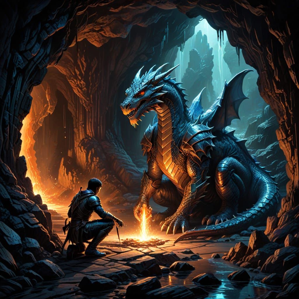 Knight Kneels Before Dragon in Cave Comic Art