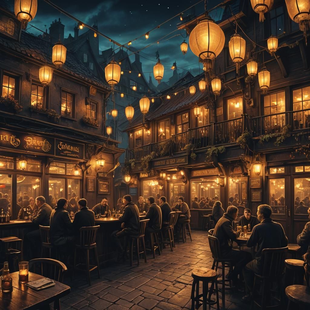 Bustling Night Pub by the Sea: Fantasy Concept Art