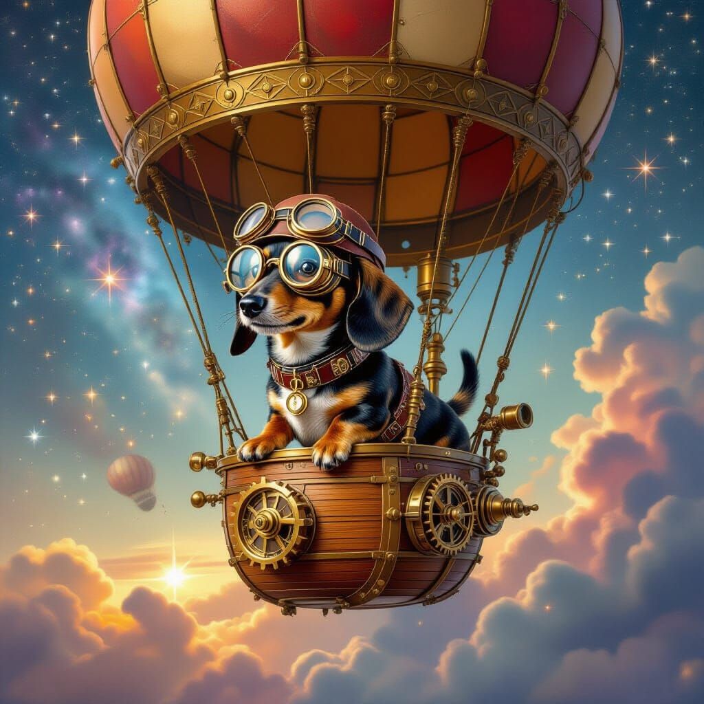 Steampunk Dachshund Aviator in Hot Air Balloon