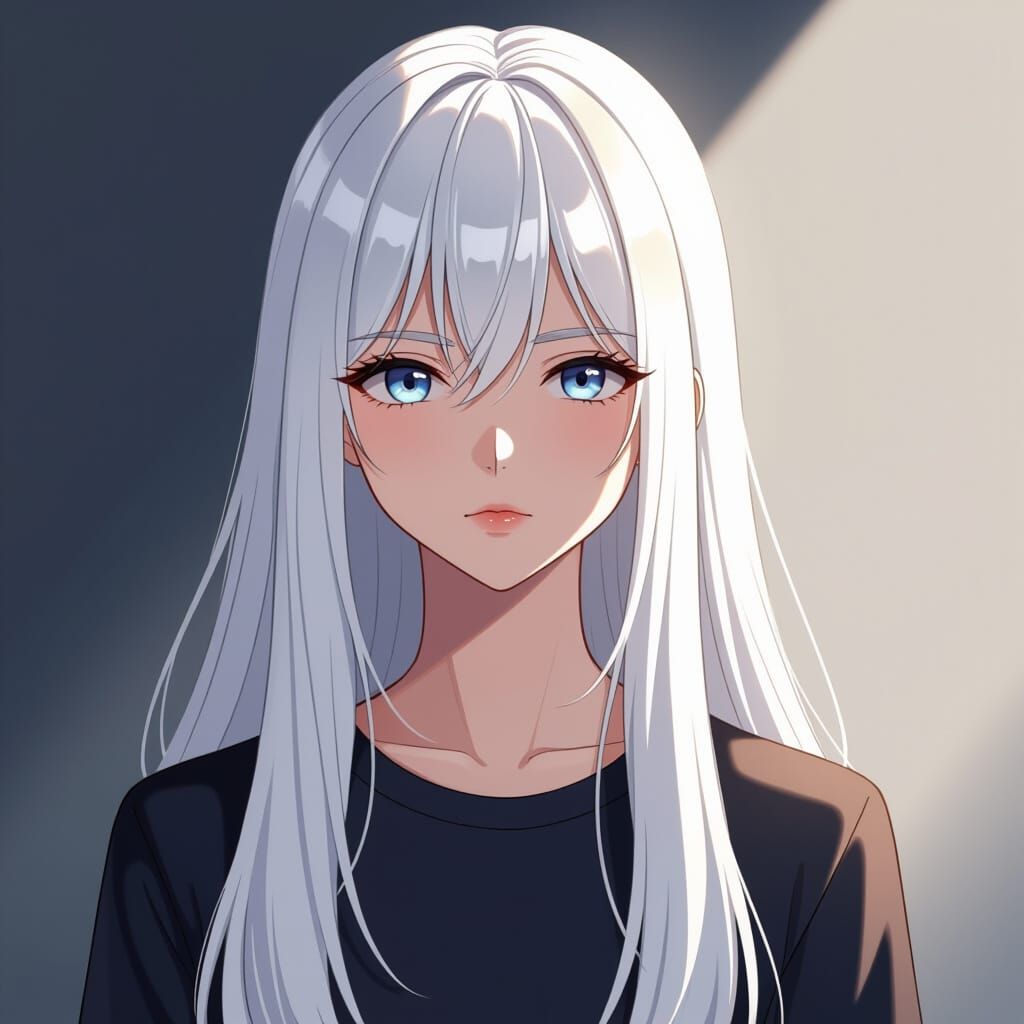 Serious Anime Girl with White Hair in Cel Shaded Style