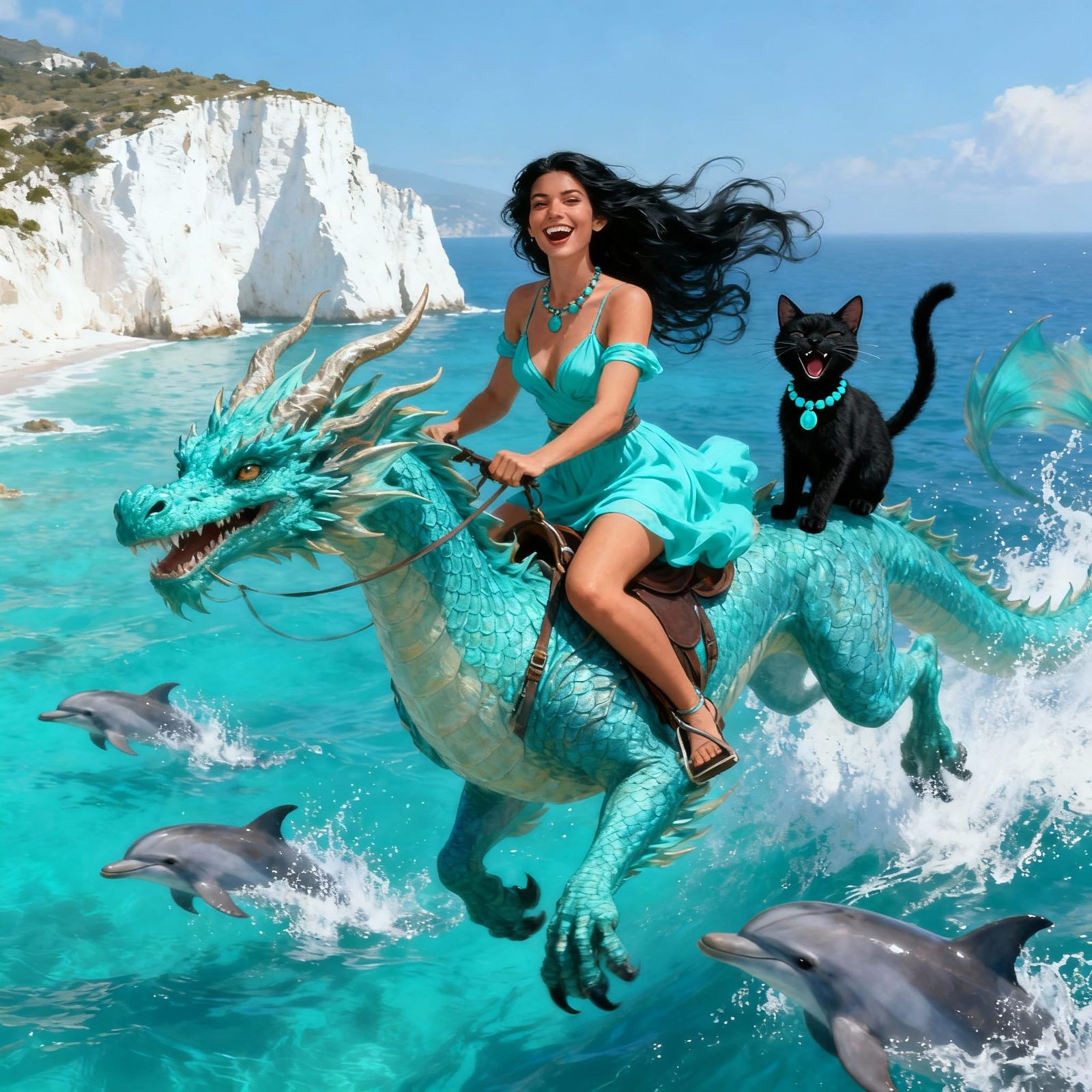 Woman Rides Turquoise Dragon Over Mediterranean Seas