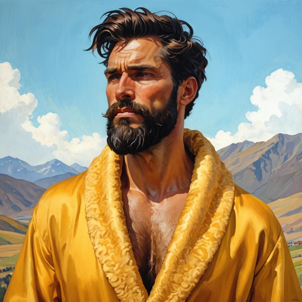 Golden Bearded Man Portrait in Gouache Style