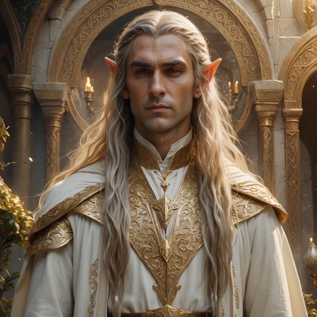 Arrogant Elf in Flowing White and Gold Attire