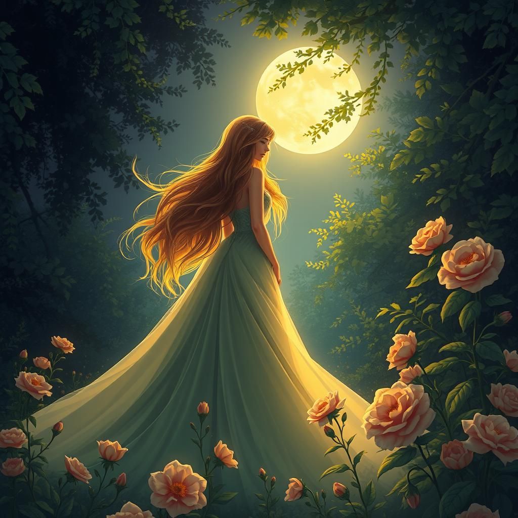 Ethereal Woman Under Moonlight in Art Nouveau Style