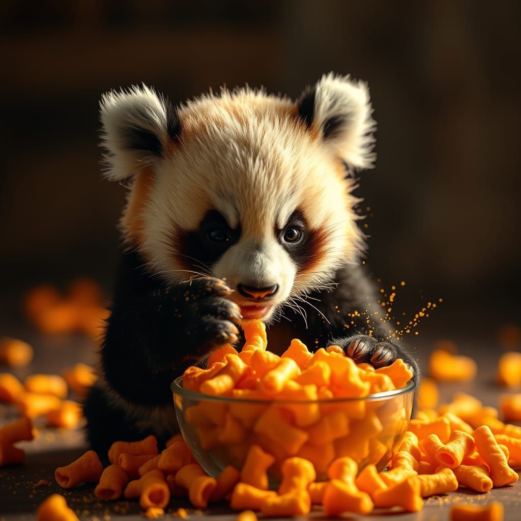 Cute Baby Panda Snacking on Cheetos in Warm Cinematic Light
